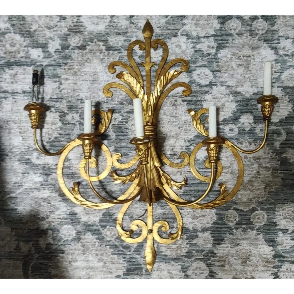 Vintage mid Century Italian Gold Gilt Large Wall Sconces